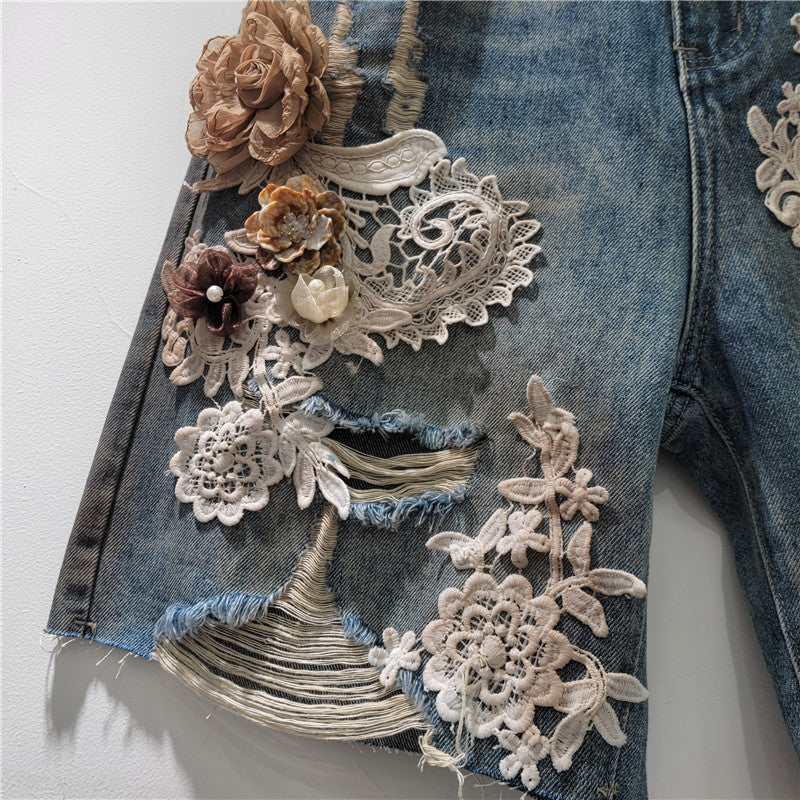 Lace Stitching Rhinestone Denim Shorts
