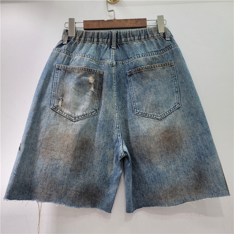 Lace Stitching Rhinestone Denim Shorts