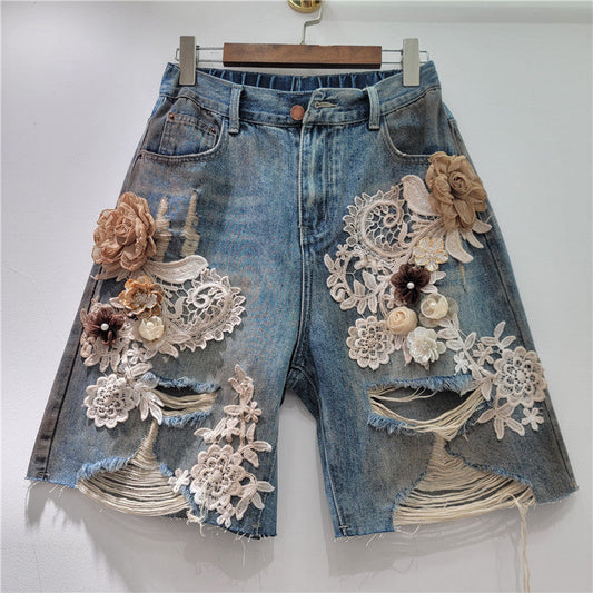 Lace Stitching Rhinestone Denim Shorts