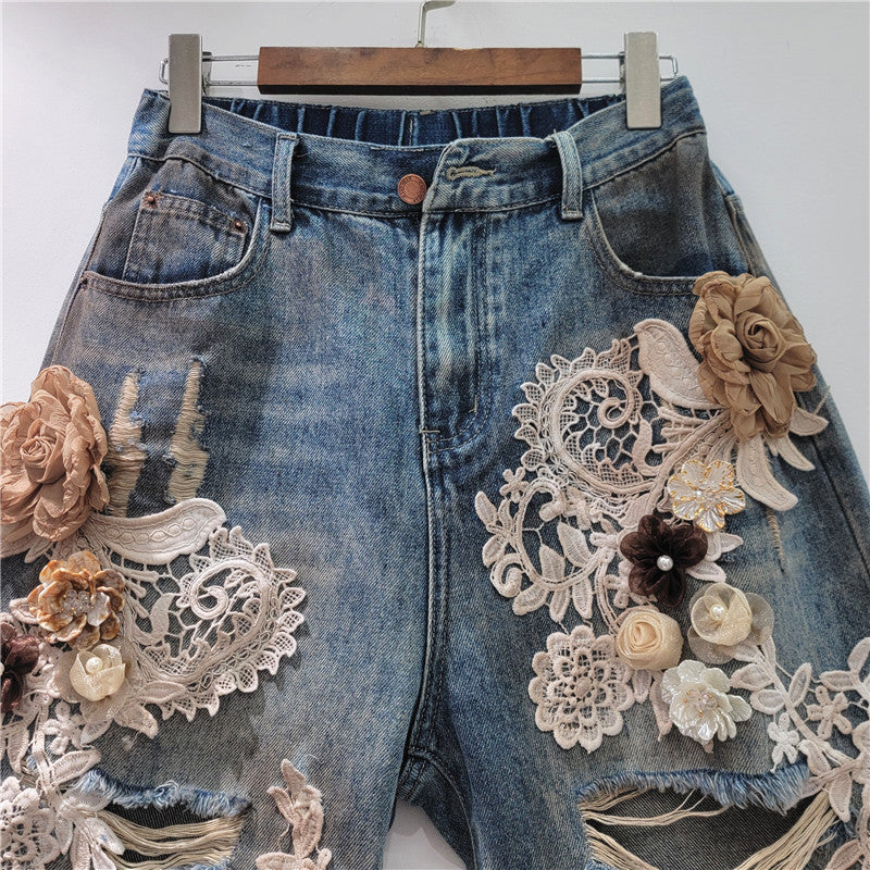 Lace Stitching Rhinestone Denim Shorts