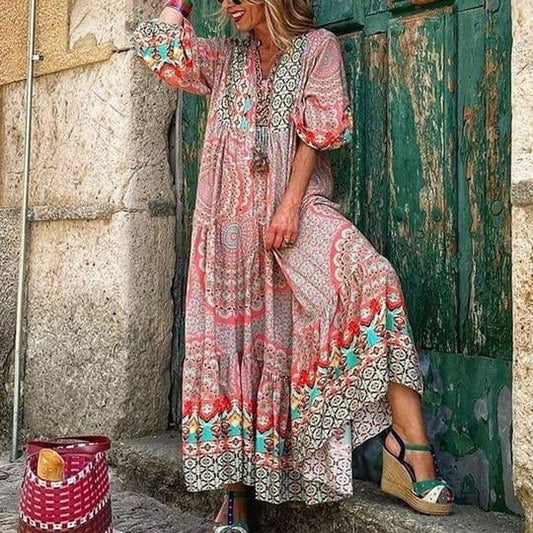 Attractive Vintage Print V-Neck Maxi Dress