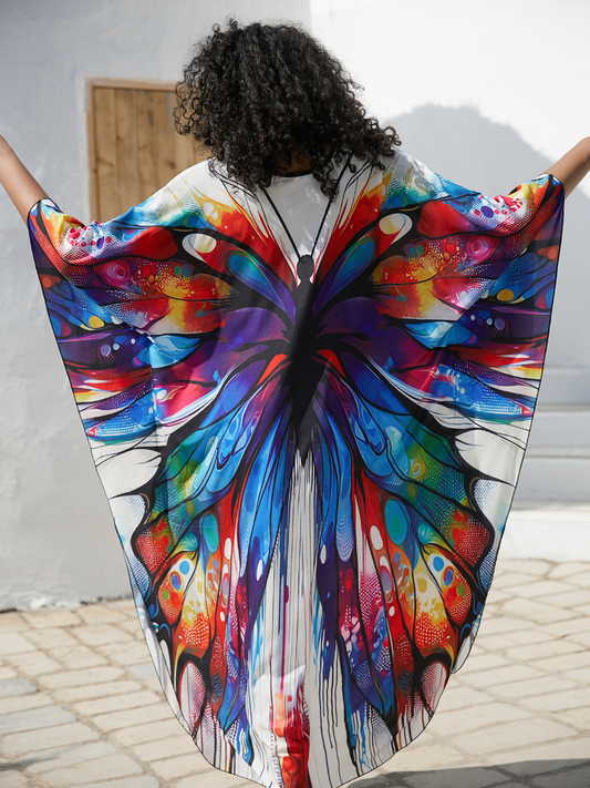 Butterfly Print Ruched Split Hem Tunic Dress