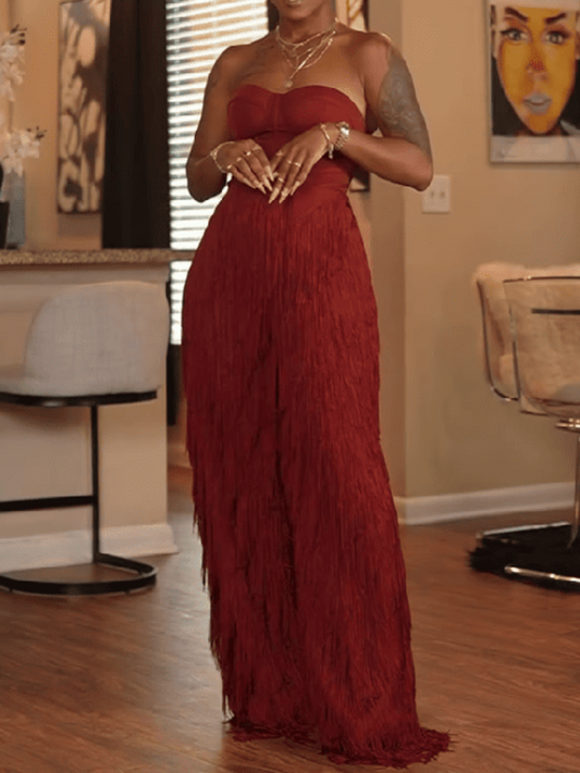 Crimson Fringe Strapless Set