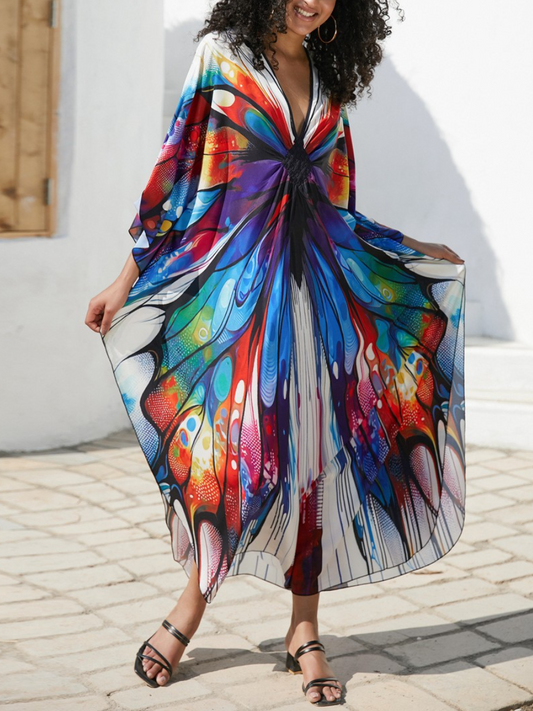Butterfly Print Ruched Split Hem Tunic Dress