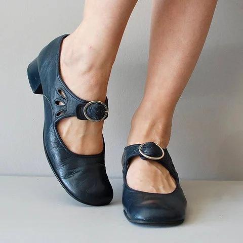 Zapatos de tacón bajo con hebilla estilo retro para mujer 