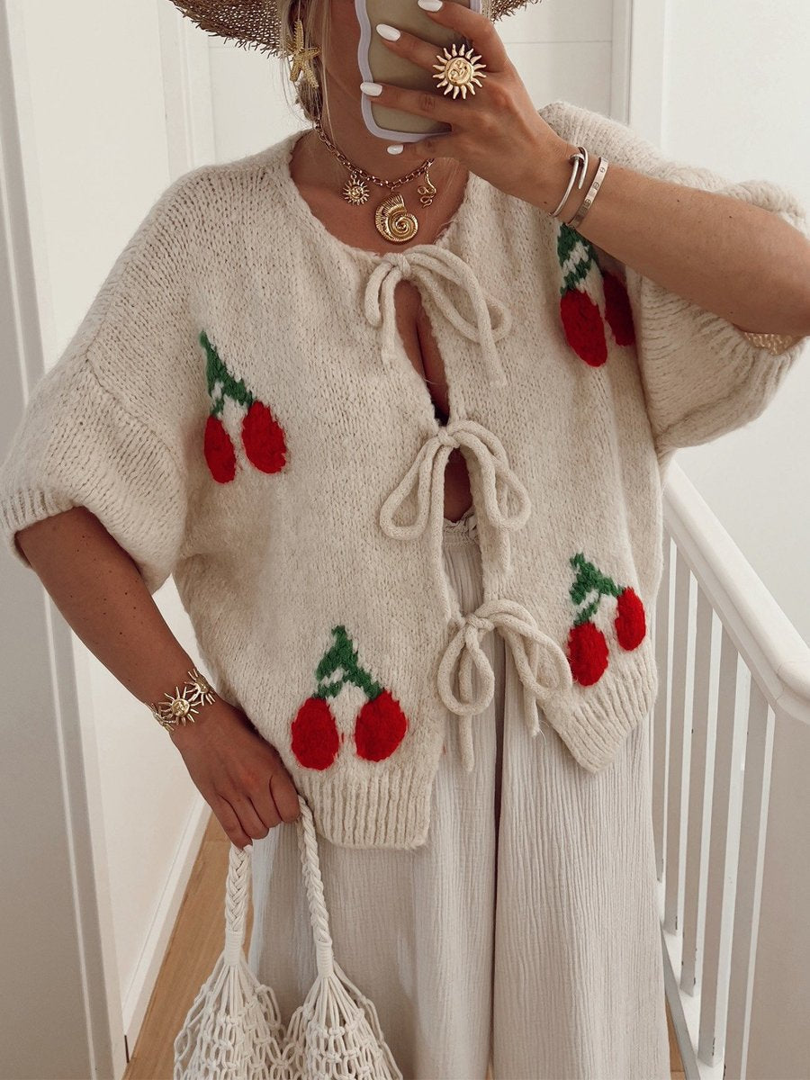 Cherry Embroidered Jacquard Cardigan