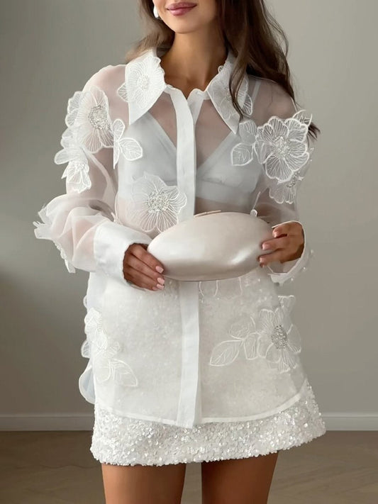 Chemise transparente à fleurs perlées en 3D 