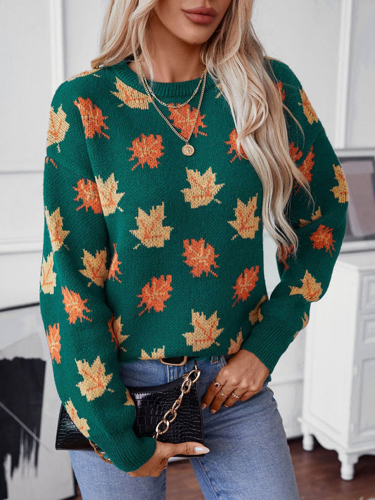 Maple Leaf Pattern Casual Knit Sweater