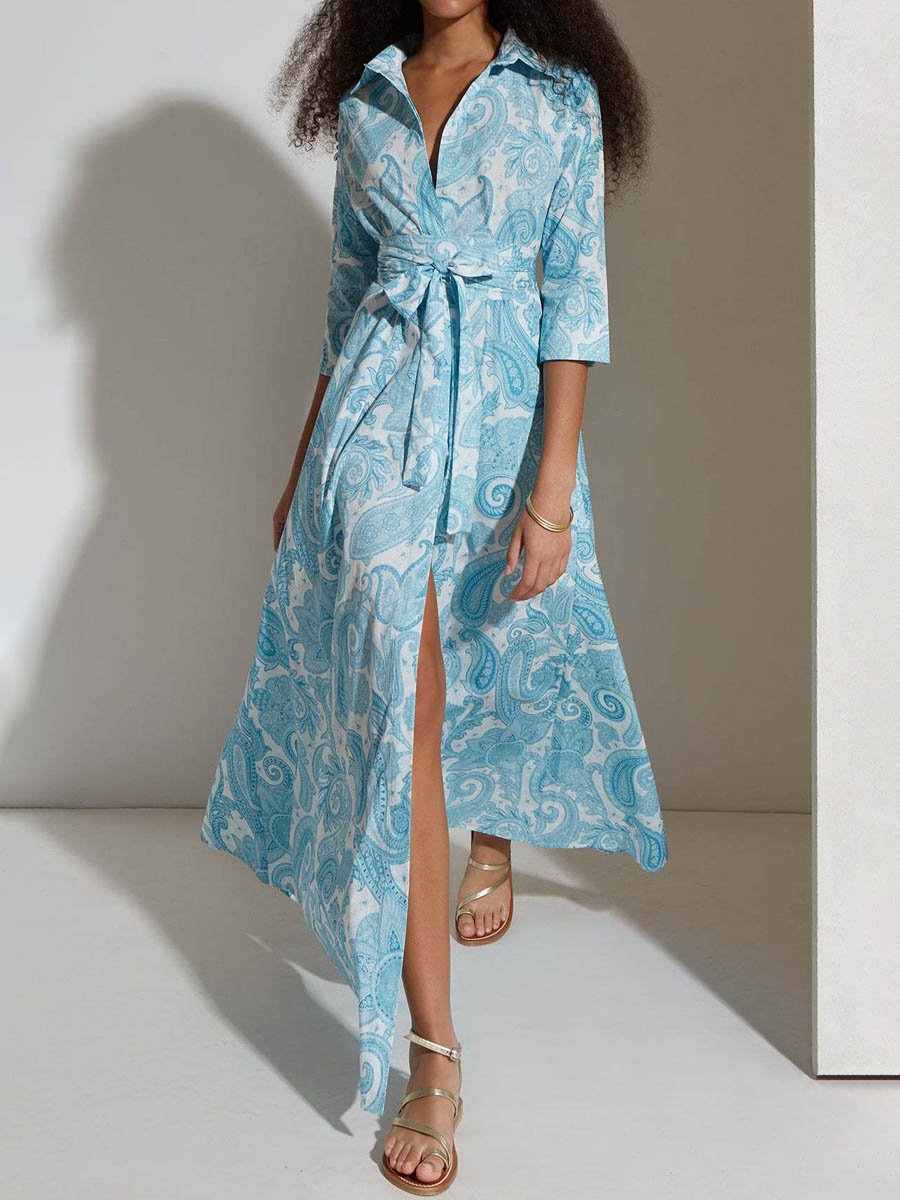 Printed Belt Maxi Shirt Dress