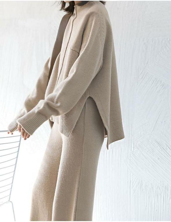 Fashion Elegant Sweater Wide Leg Pants Suit