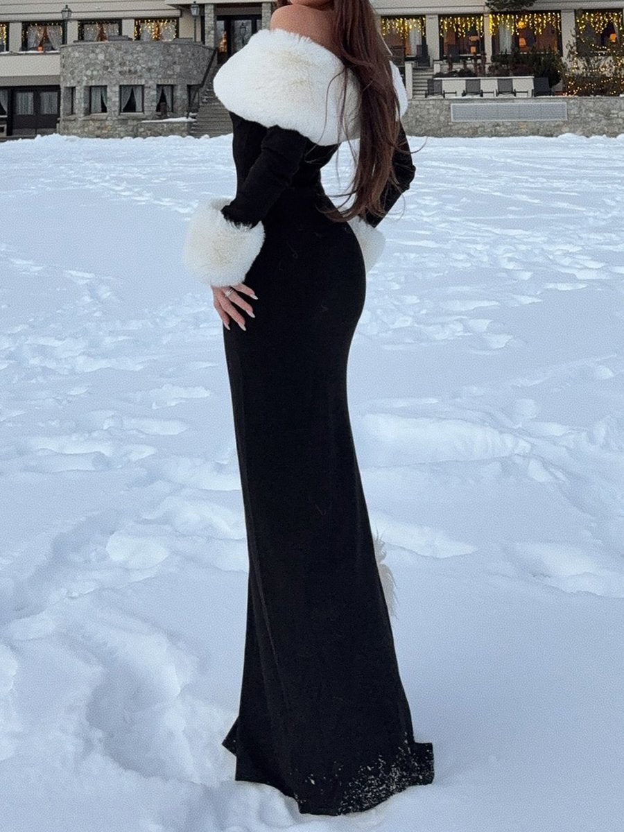 Skew Neck Faux Fur Knit Maxi Dress