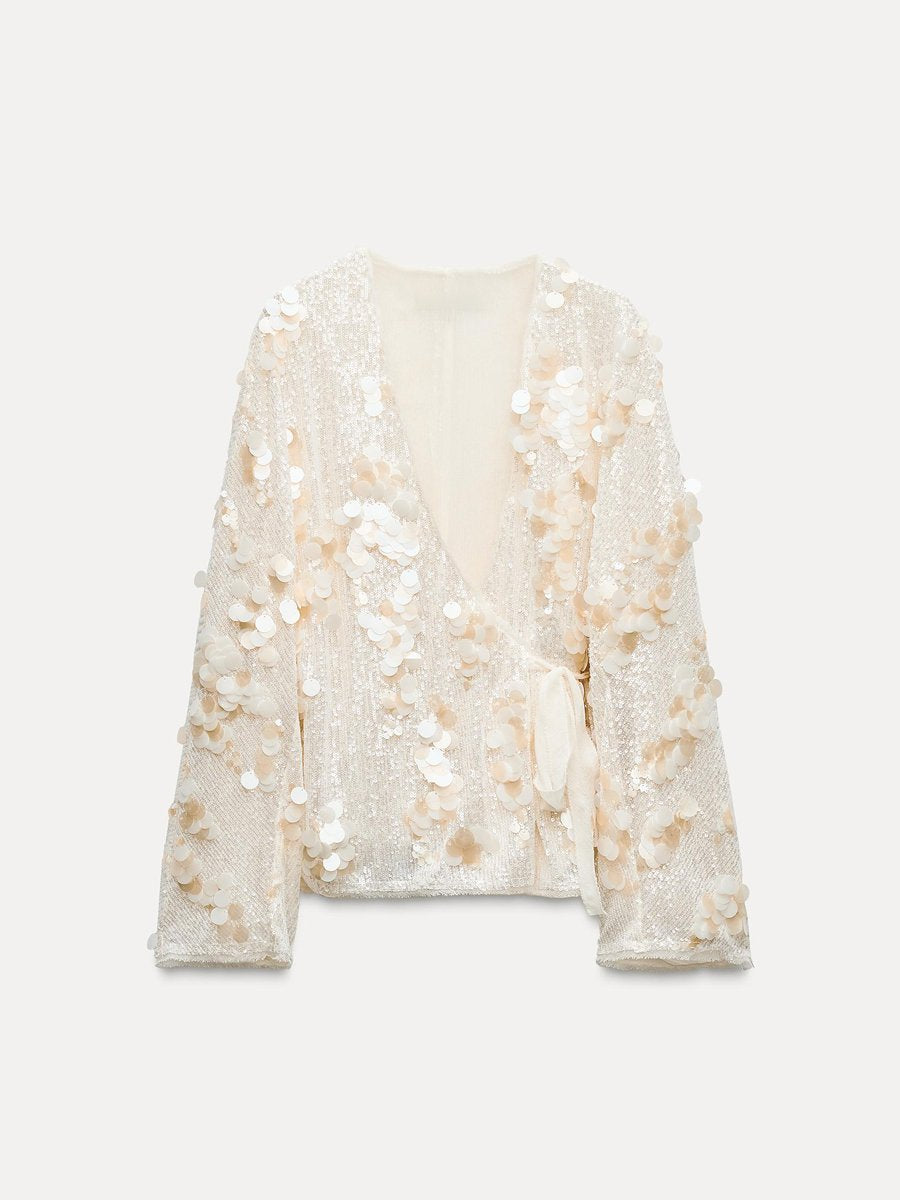 Veste kimono ample décontractée à paillettes et col en V