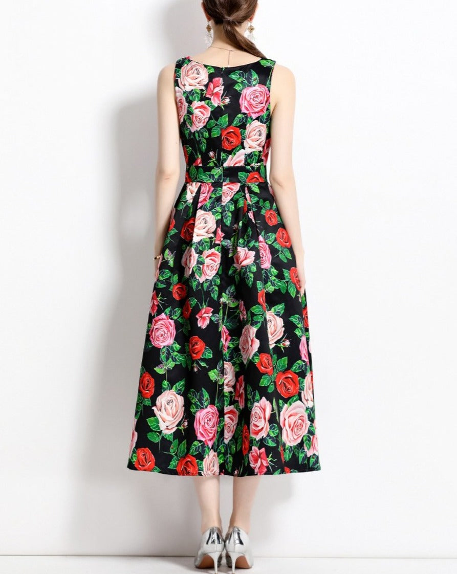 Red Flower Vntage Print Dress