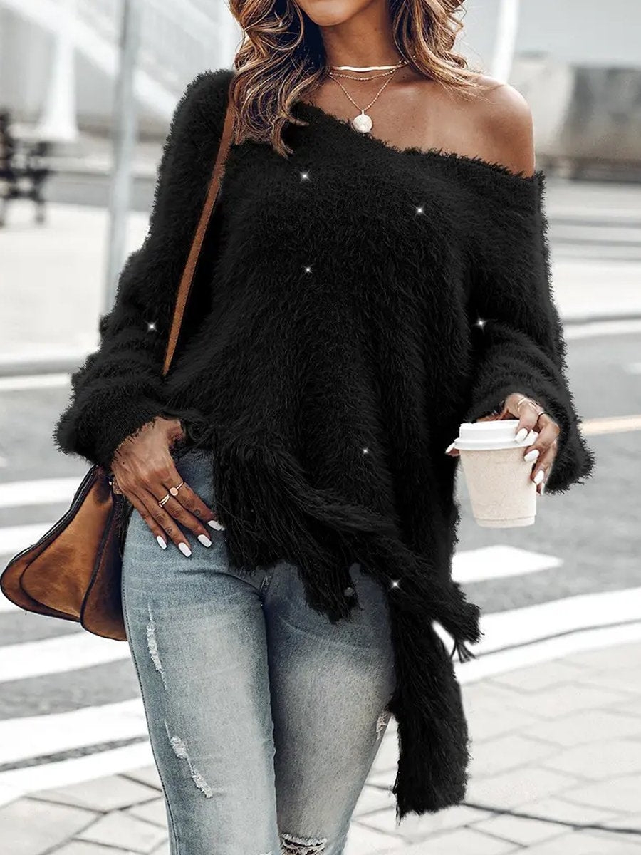 V-neck Irregular Hem Fringed Sweater