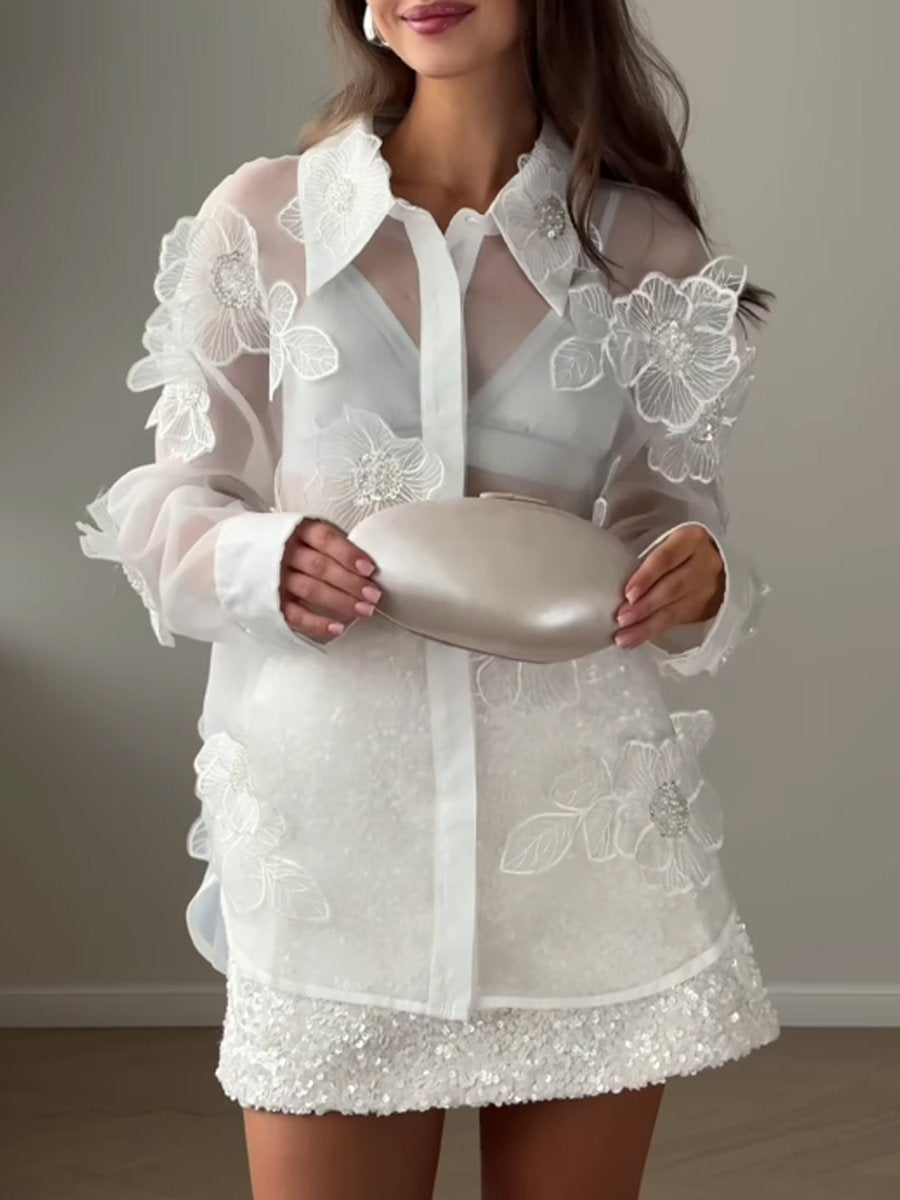 Beaded 3D Flower See-through Shirt