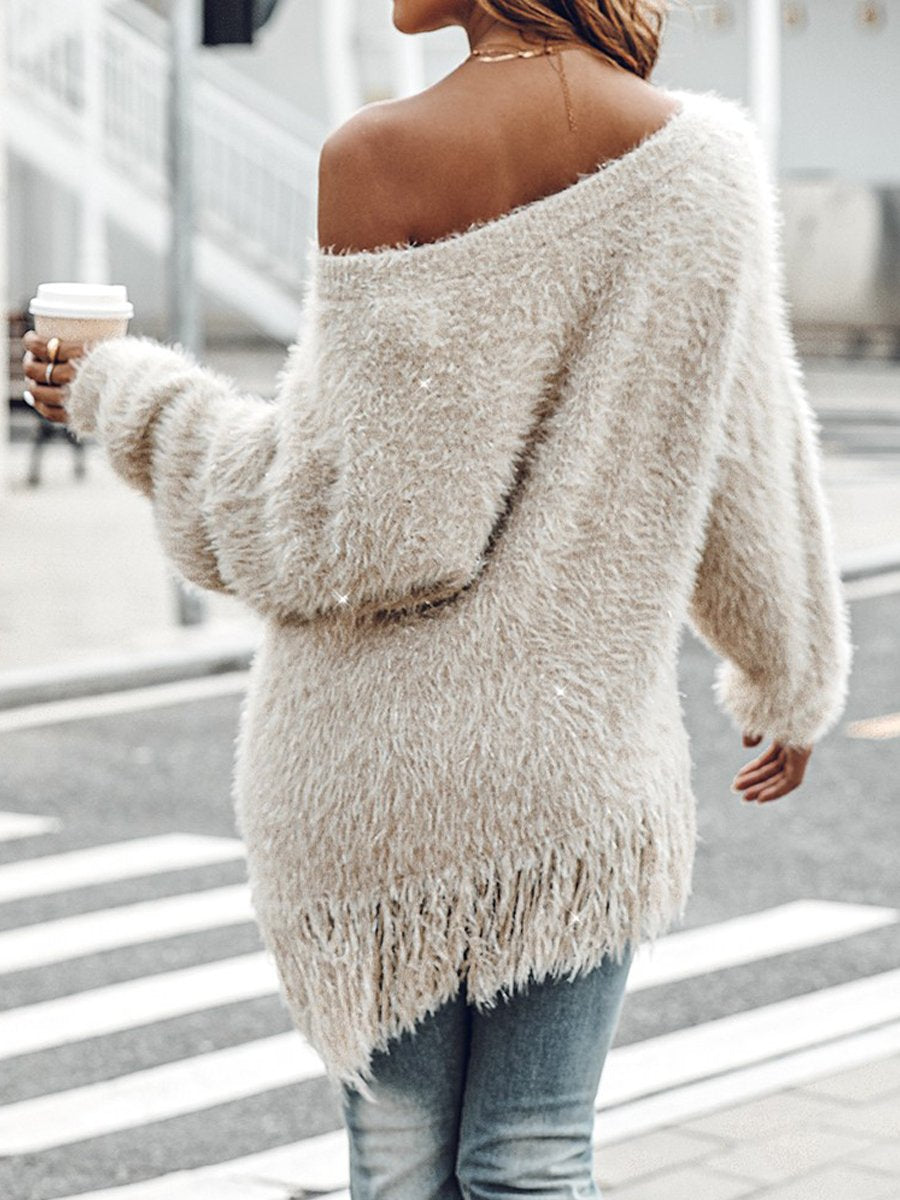 V-neck Irregular Hem Fringed Sweater