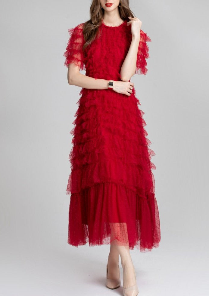 Ruffled Tulle Gown In Red