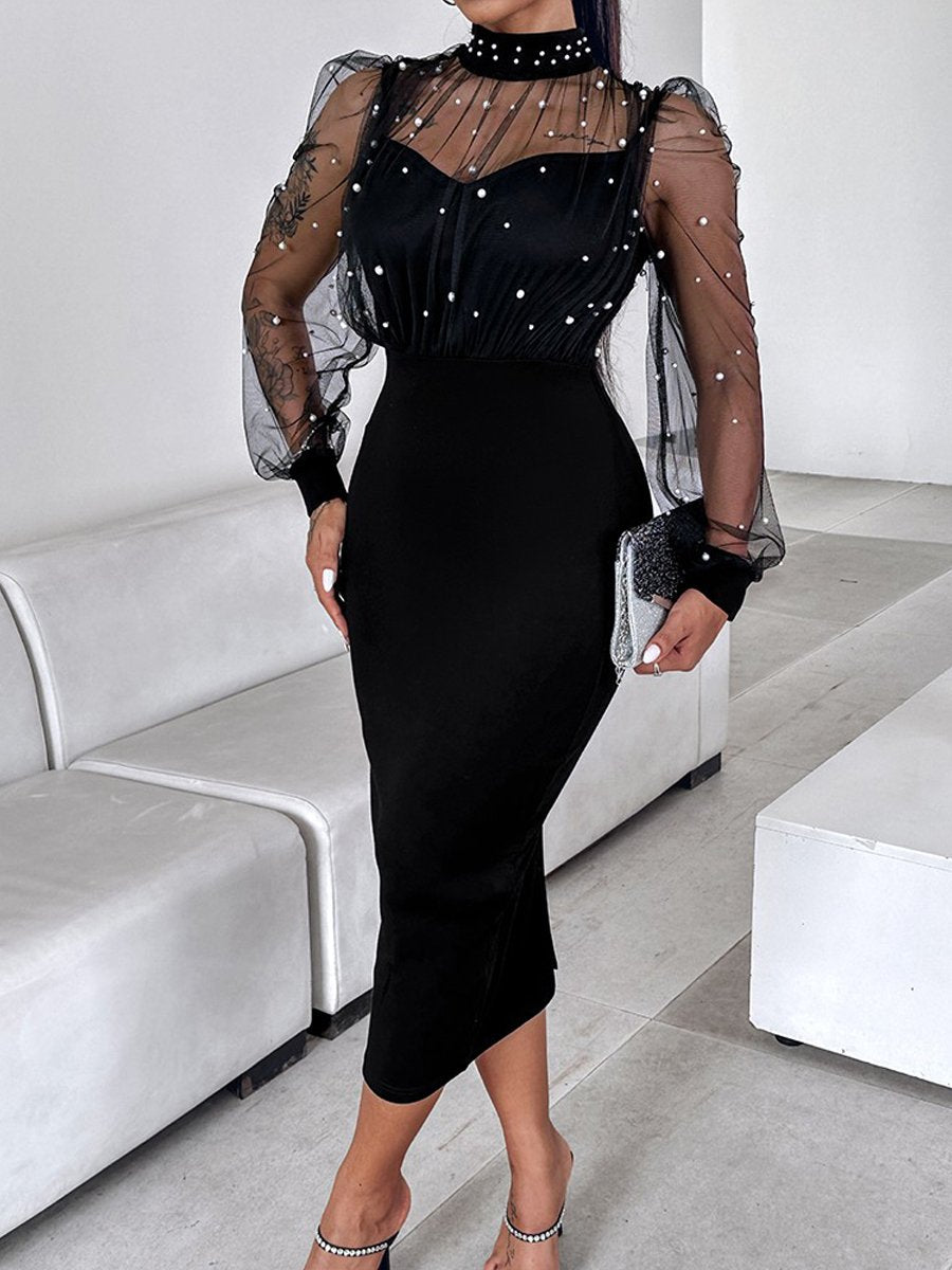 Mesh Beaded Patchwork Long-sleeved Dress