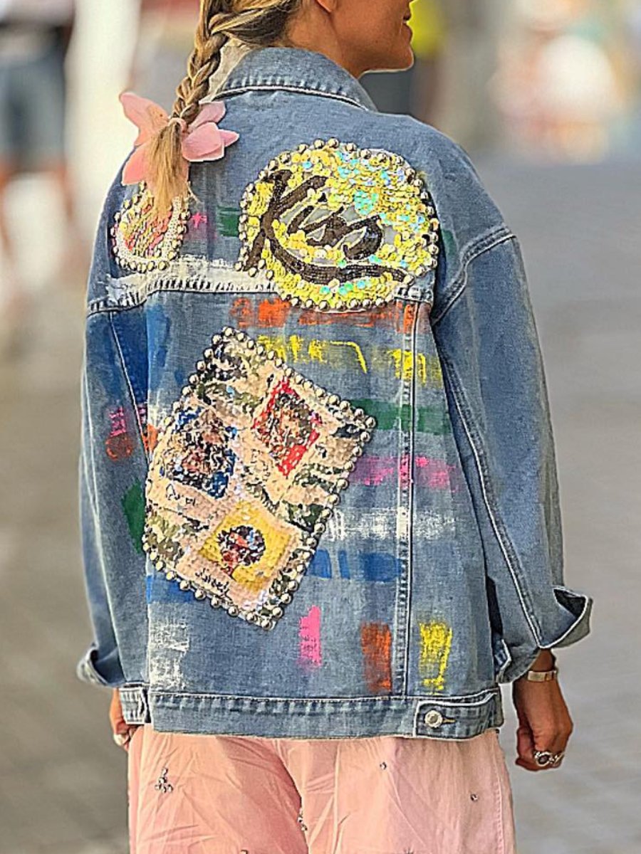 Veste en jean cloutée brodée de sequins 