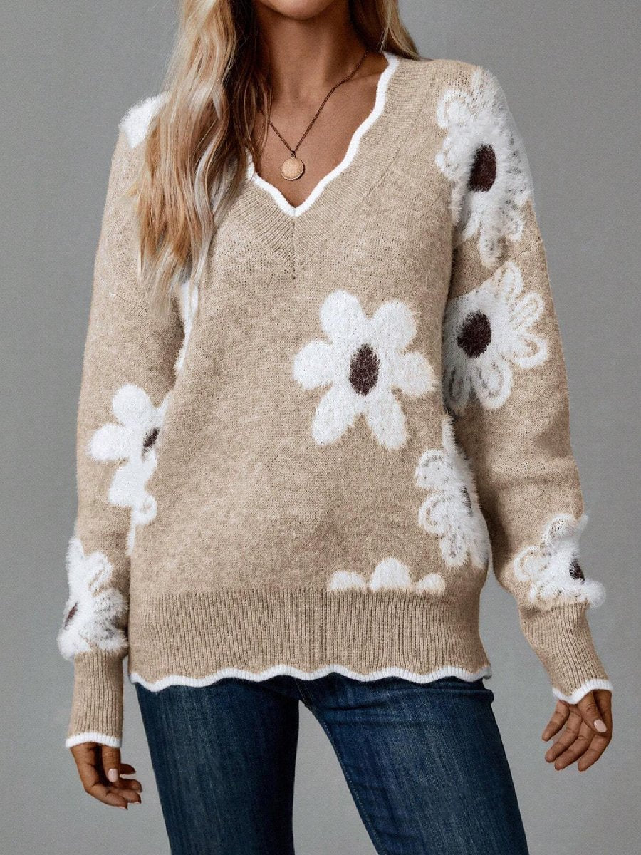 Floral Scallop Neck Sweater