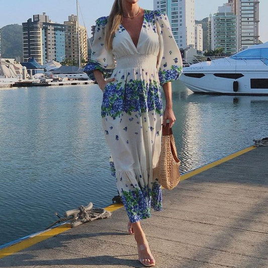 V-neck Blue Floral Maxi Dress