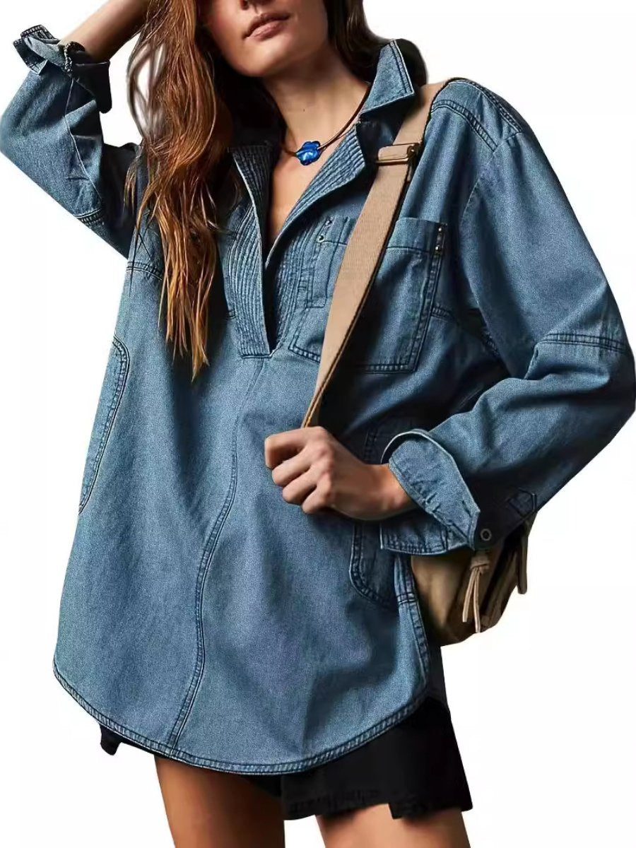 Casual V-Neck Denim Coat