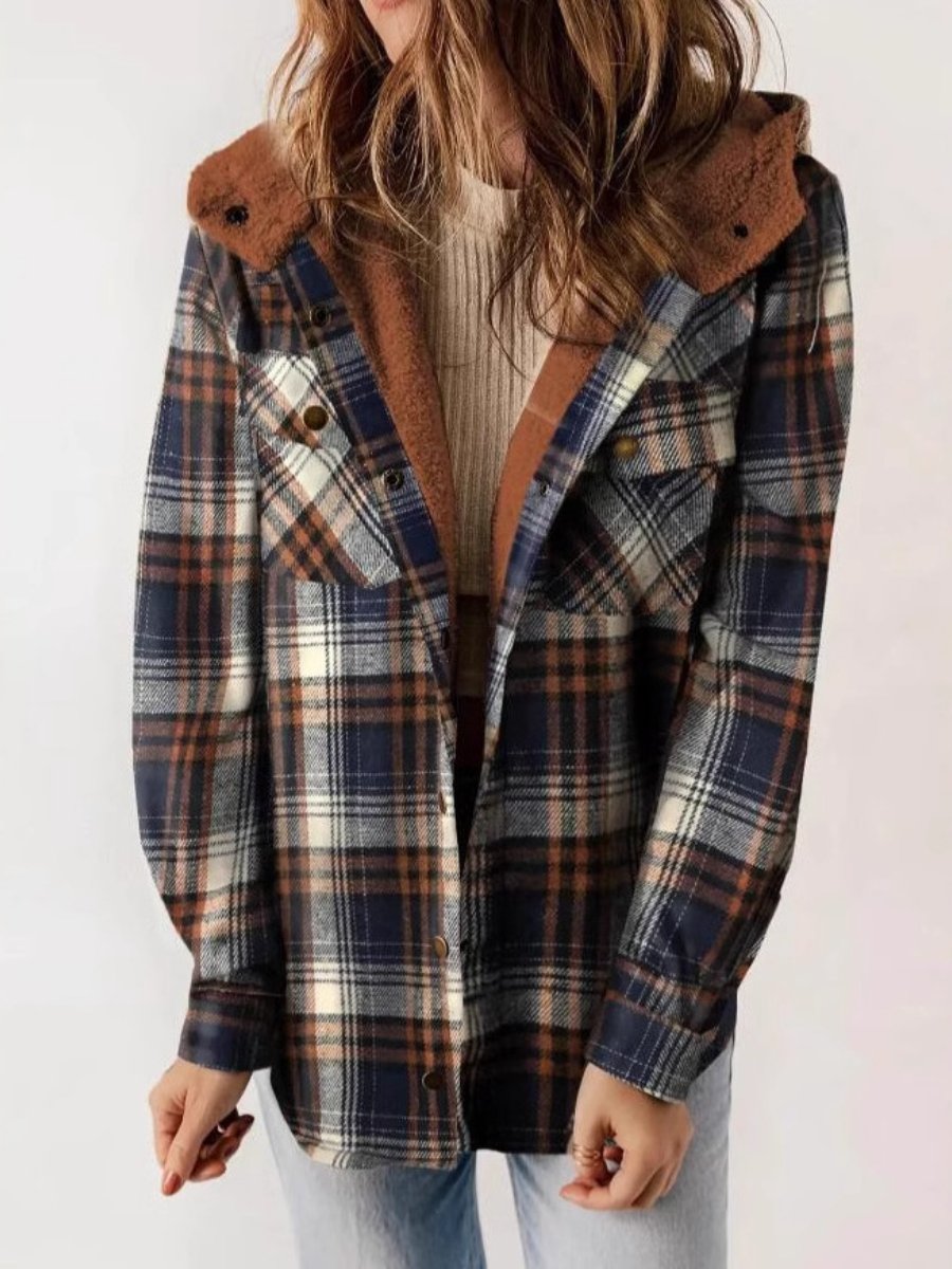 Women's Button Front Hooded Plaid Jacket