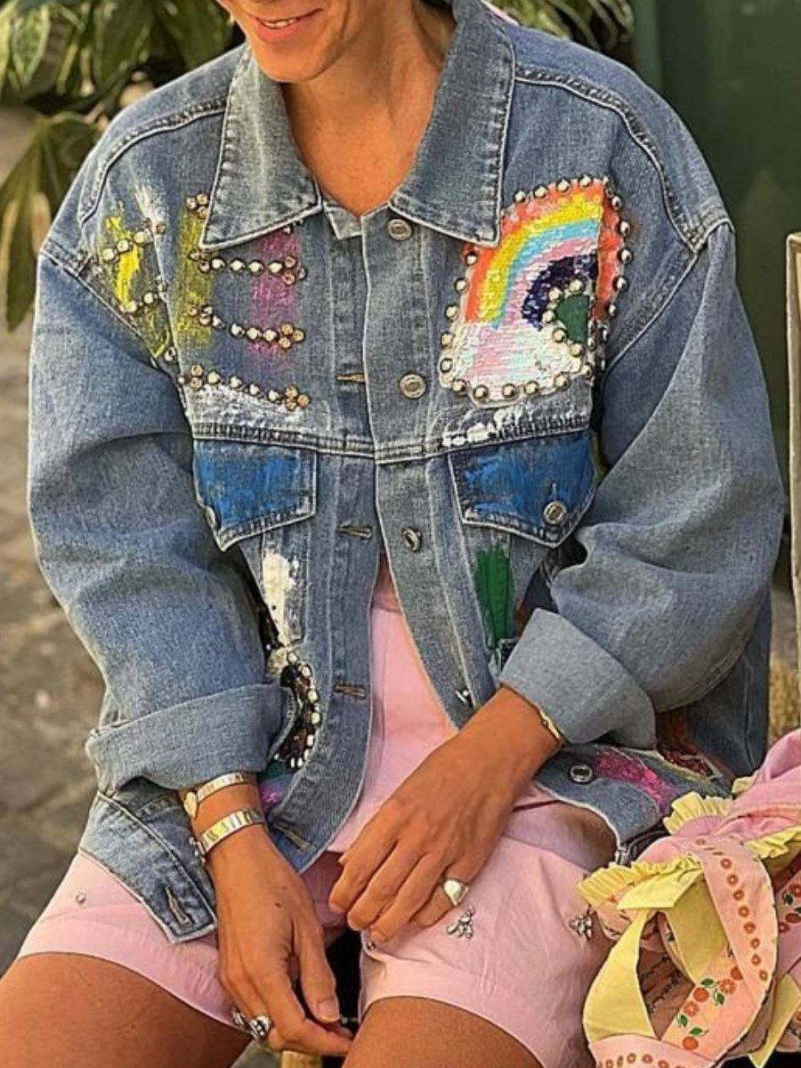 Veste en jean cloutée brodée de sequins 