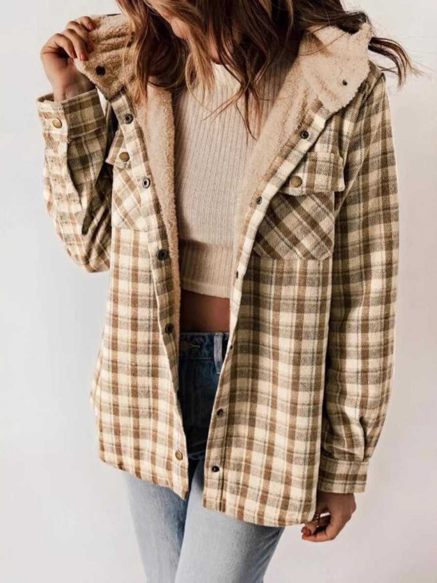 Women's Button Front Hooded Plaid Jacket