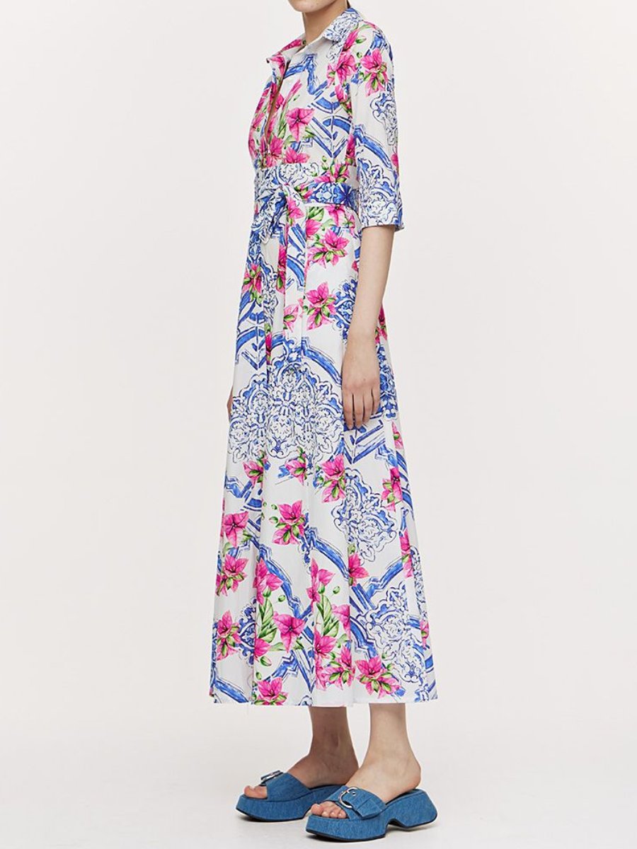 Printed Belt Maxi Shirt Dress