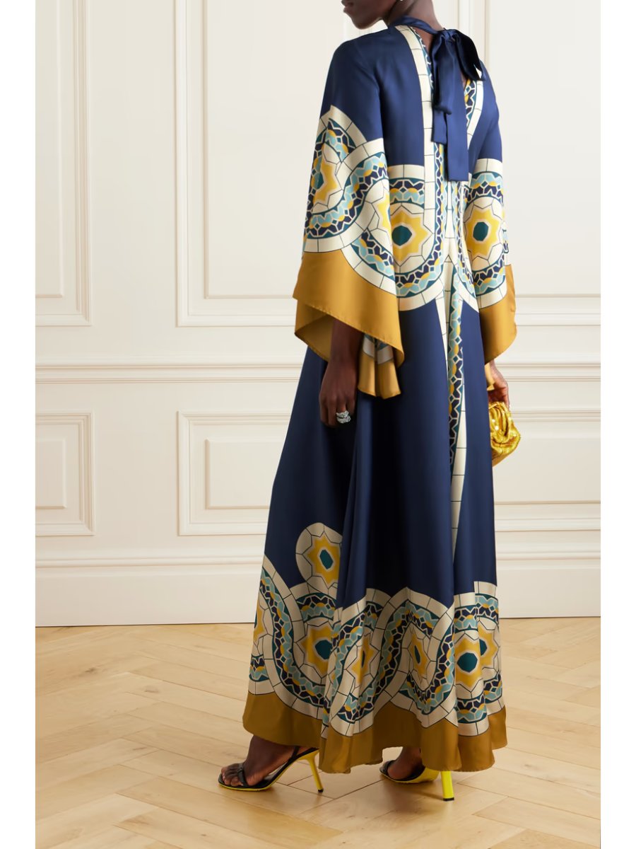 Superbe robe longue en sergé de soie imprimé