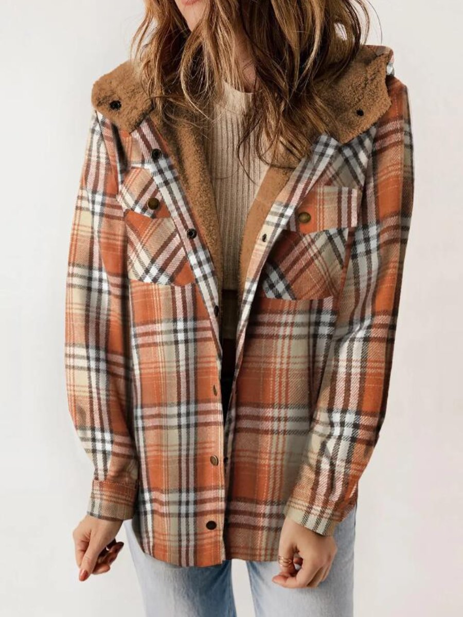 Women's Button Front Hooded Plaid Jacket