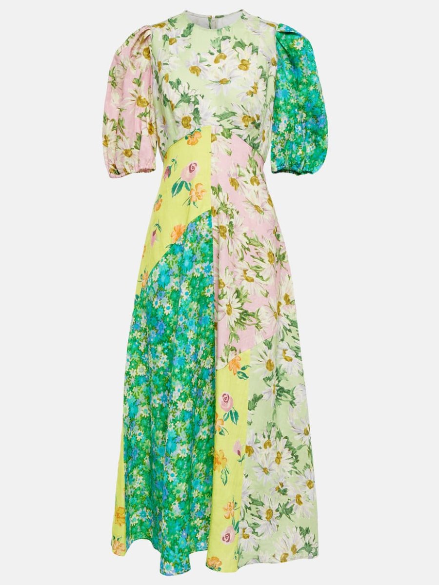 Robe mi-longue en lin à imprimé floral patchwork