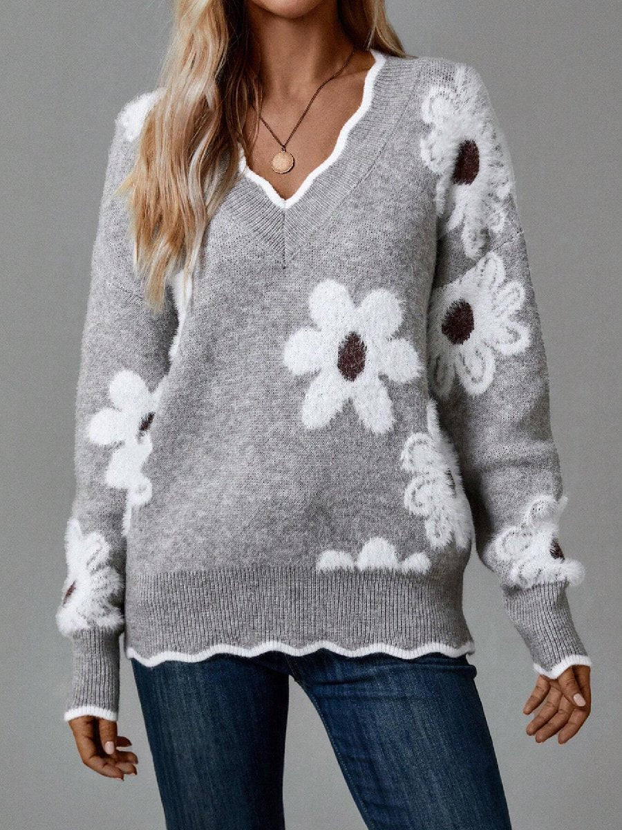 Floral Scallop Neck Sweater