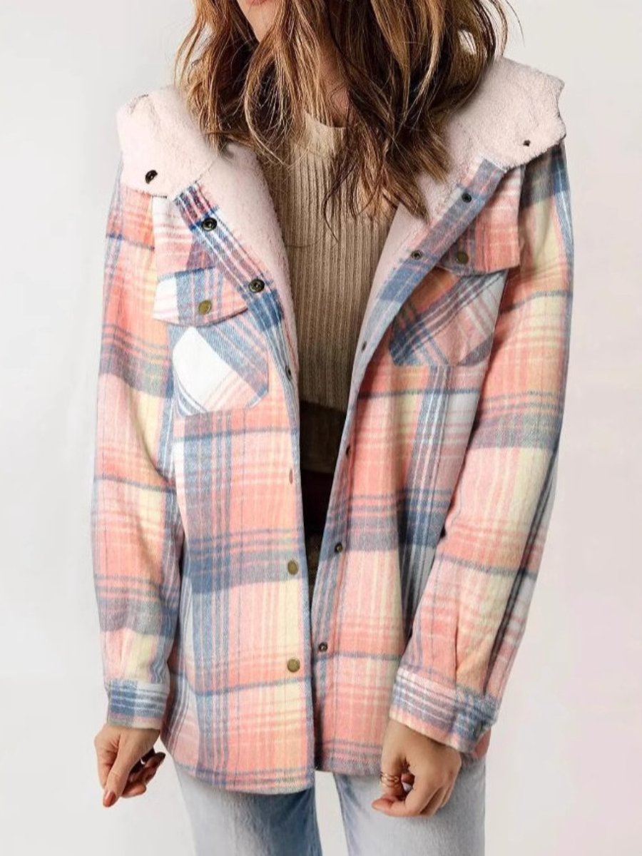 Women's Button Front Hooded Plaid Jacket