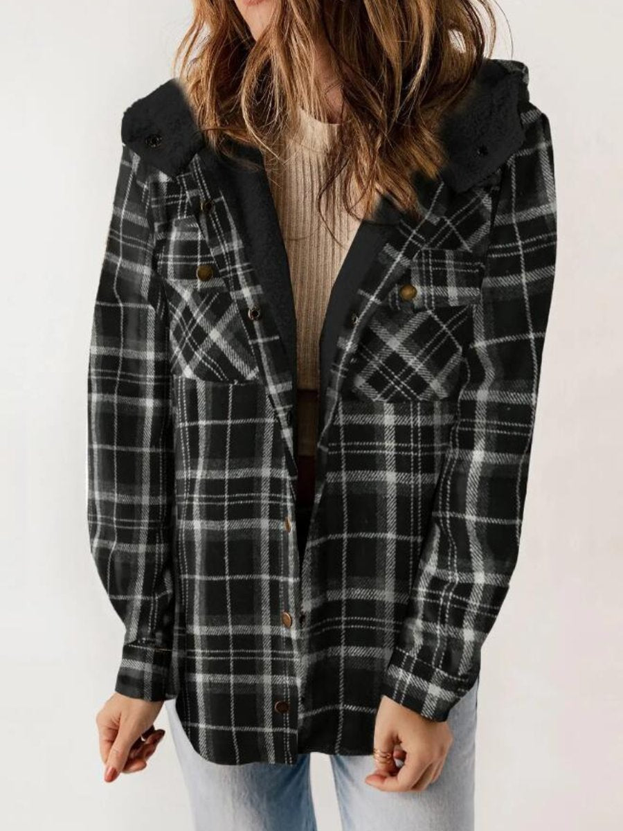 Women's Button Front Hooded Plaid Jacket