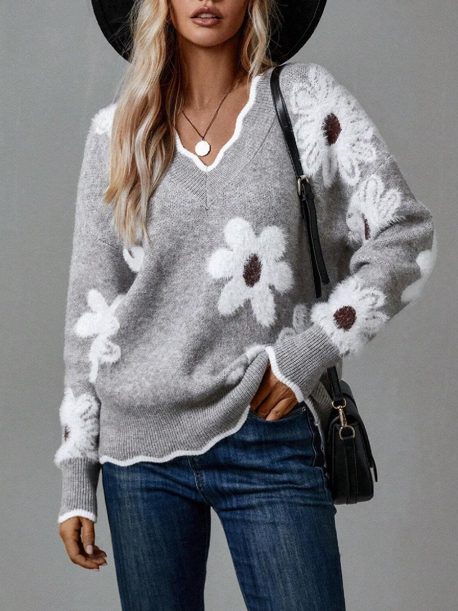 Floral Scallop Neck Sweater