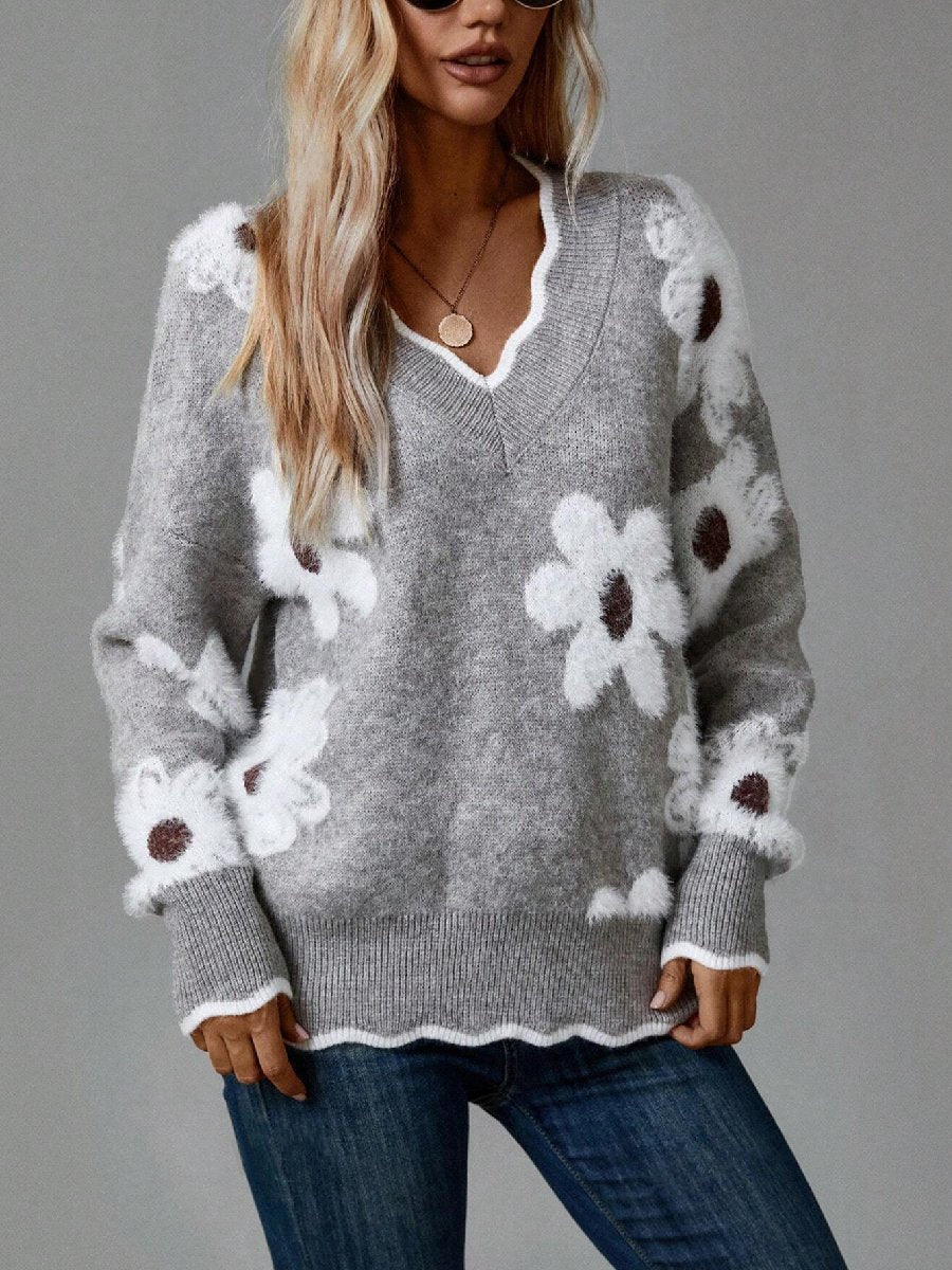 Floral Scallop Neck Sweater