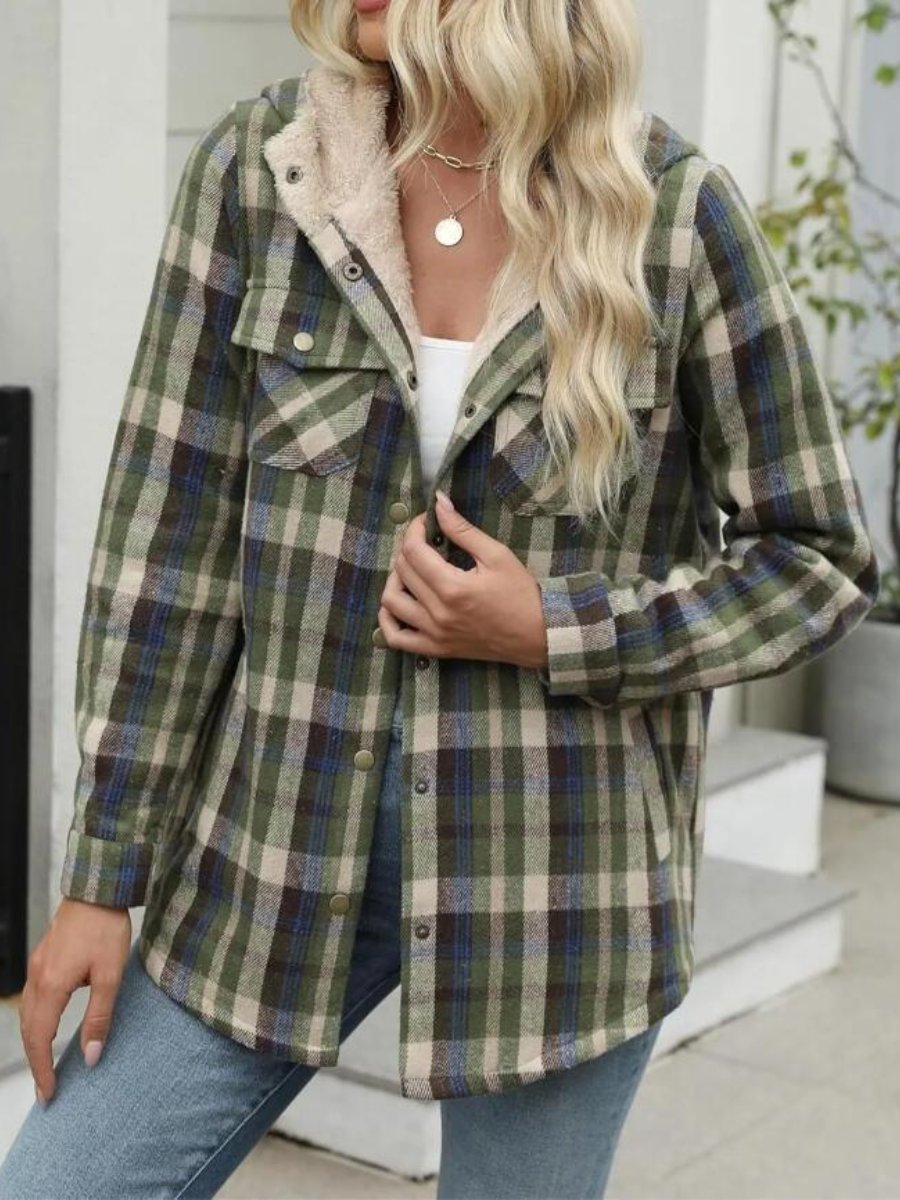 Women's Button Front Hooded Plaid Jacket