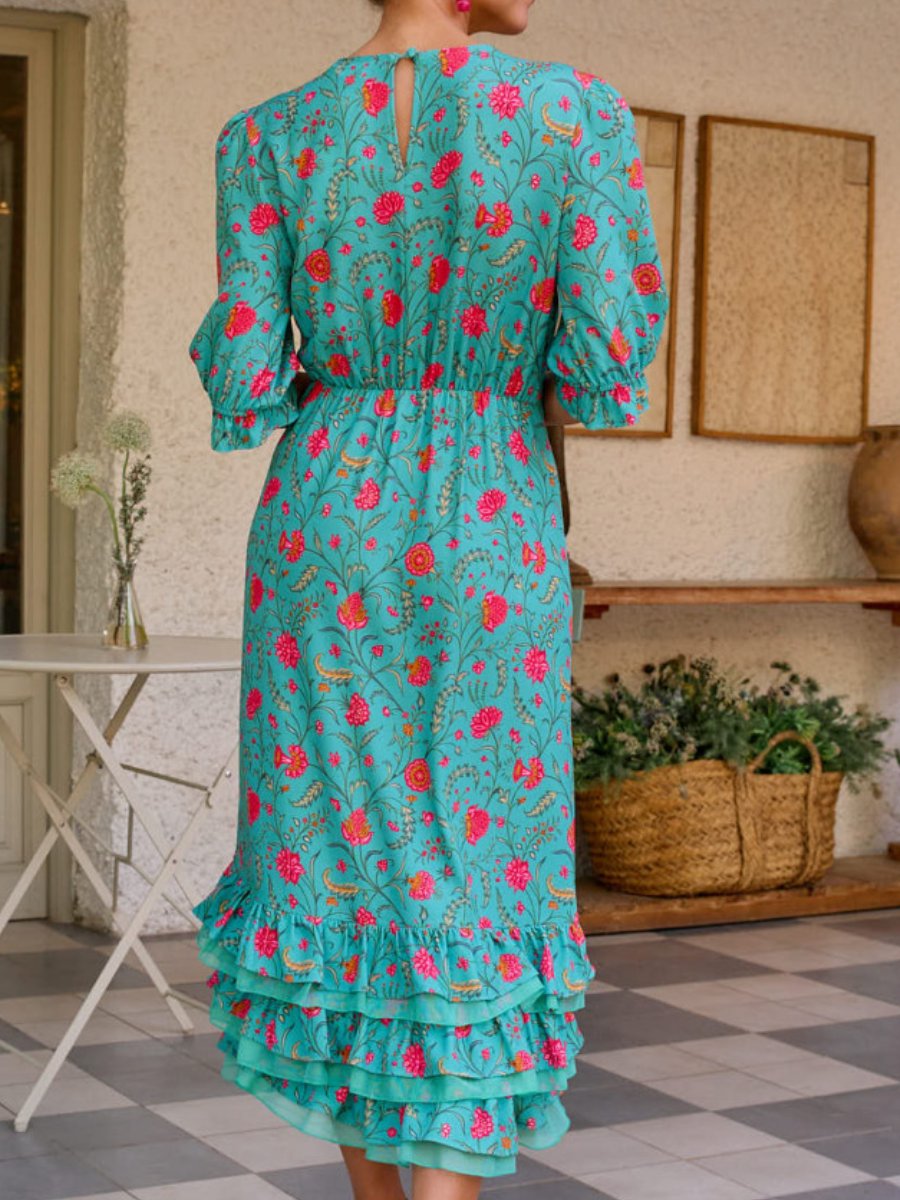 Robe mi-longue turquoise à imprimé floral 