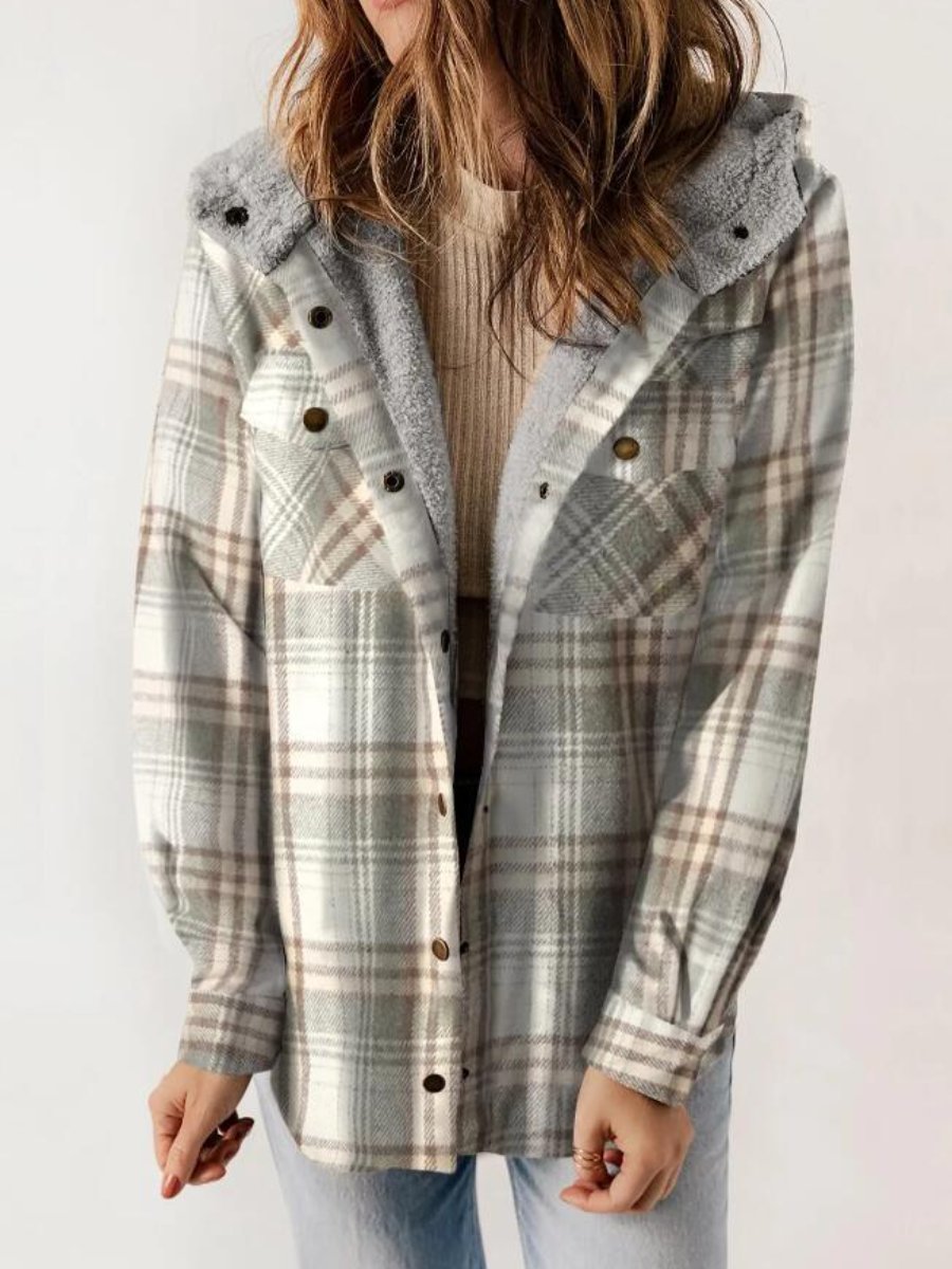 Women's Button Front Hooded Plaid Jacket