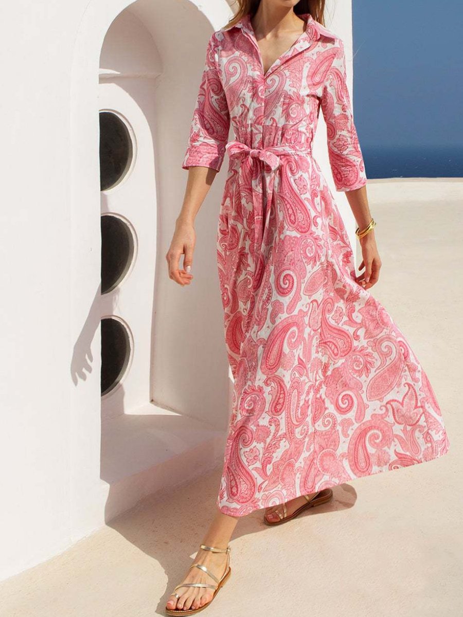 Printed Belt Maxi Shirt Dress