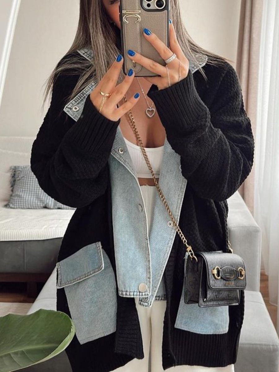 Denim Patchwork Sweater Coat