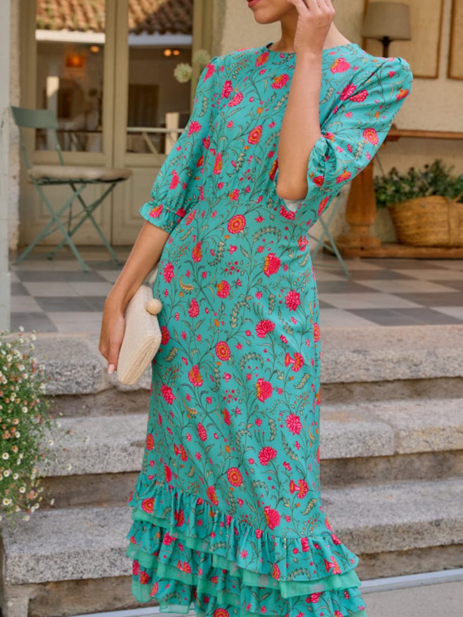 Robe mi-longue turquoise à imprimé floral 