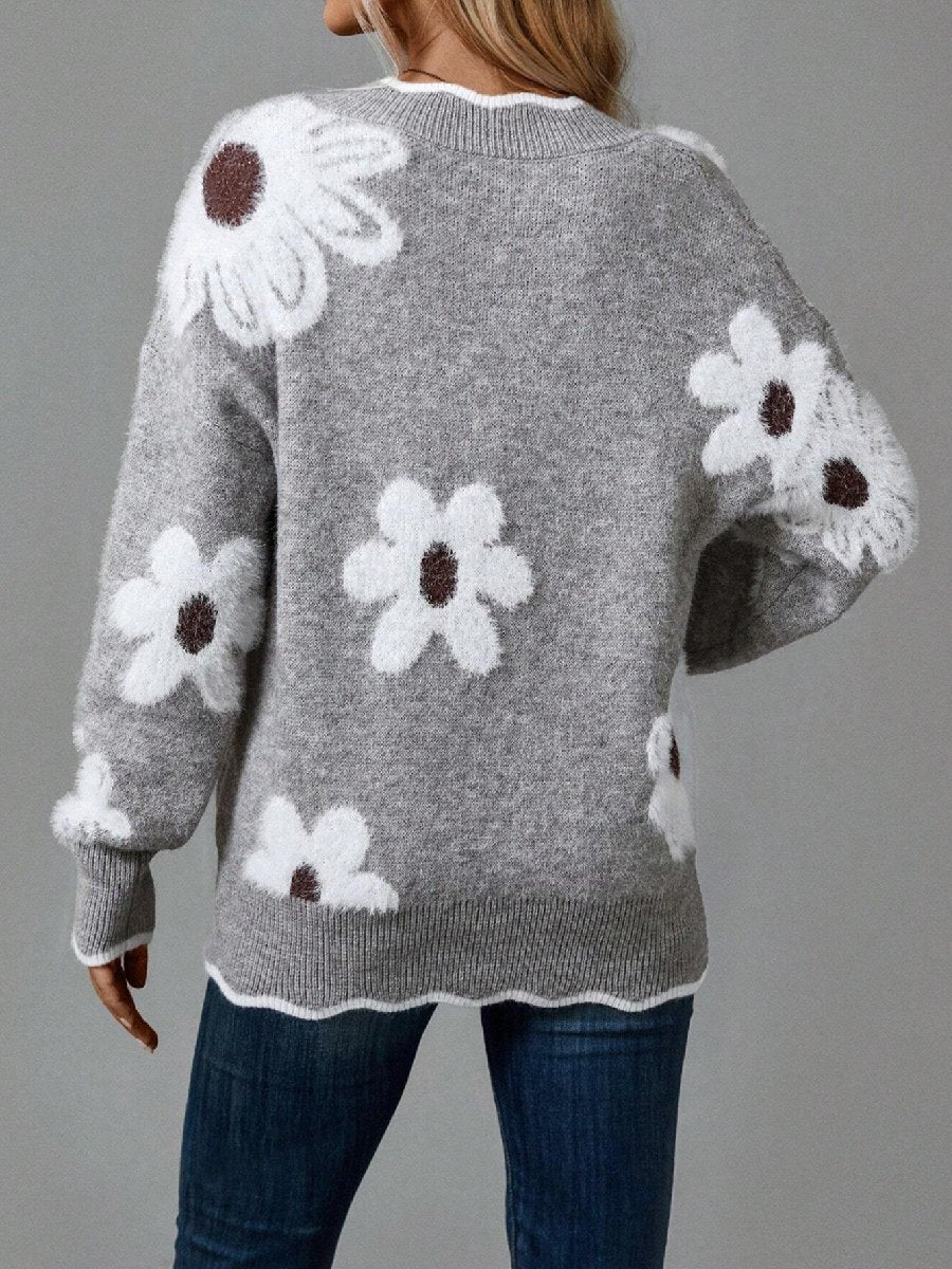 Floral Scallop Neck Sweater