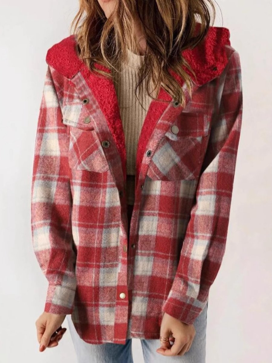 Women's Button Front Hooded Plaid Jacket