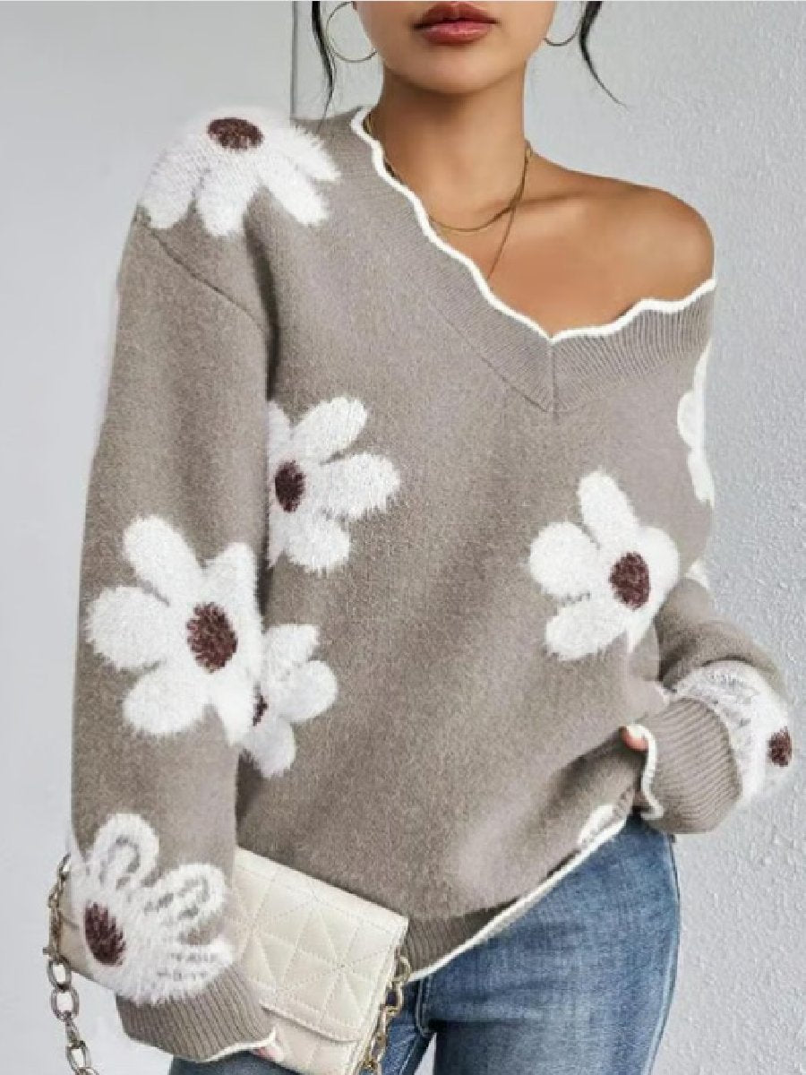 Floral Scallop Neck Sweater