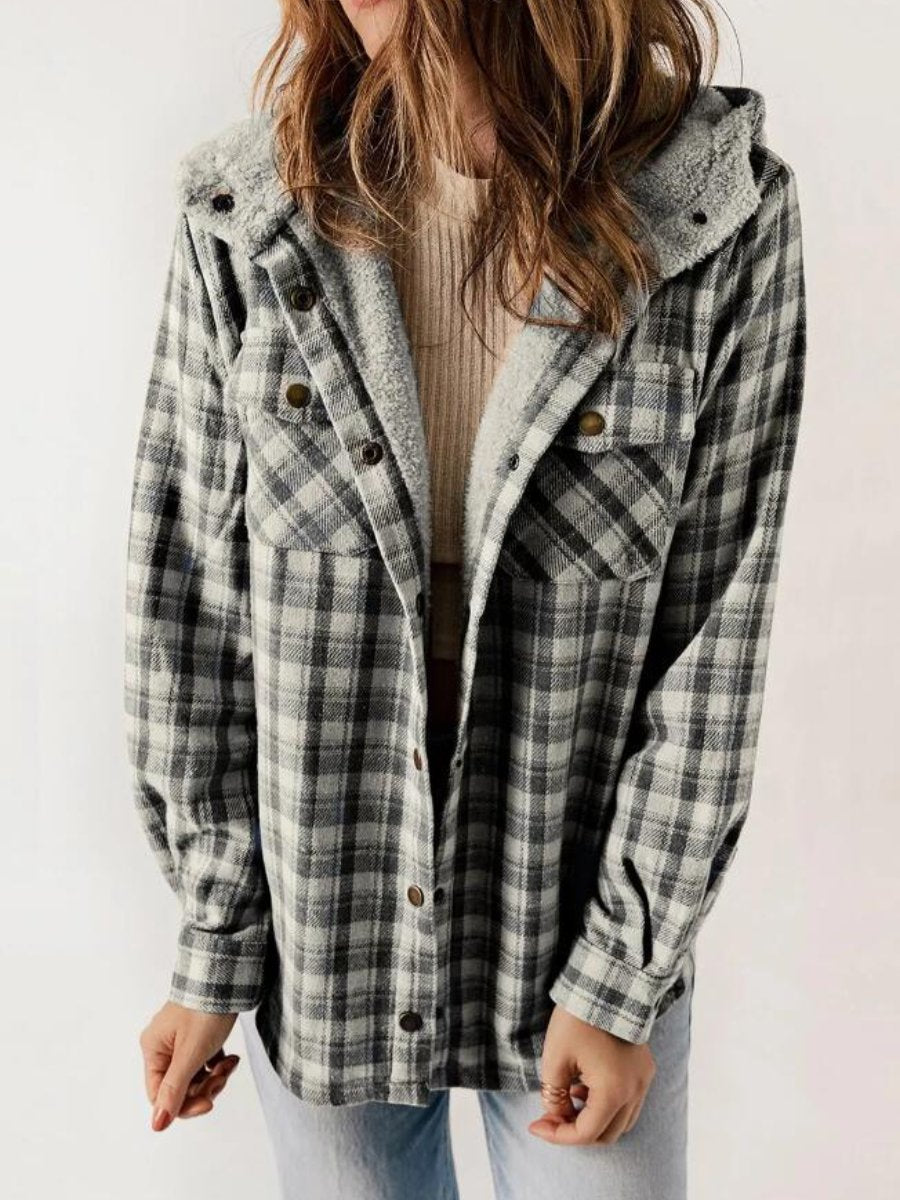 Women's Button Front Hooded Plaid Jacket