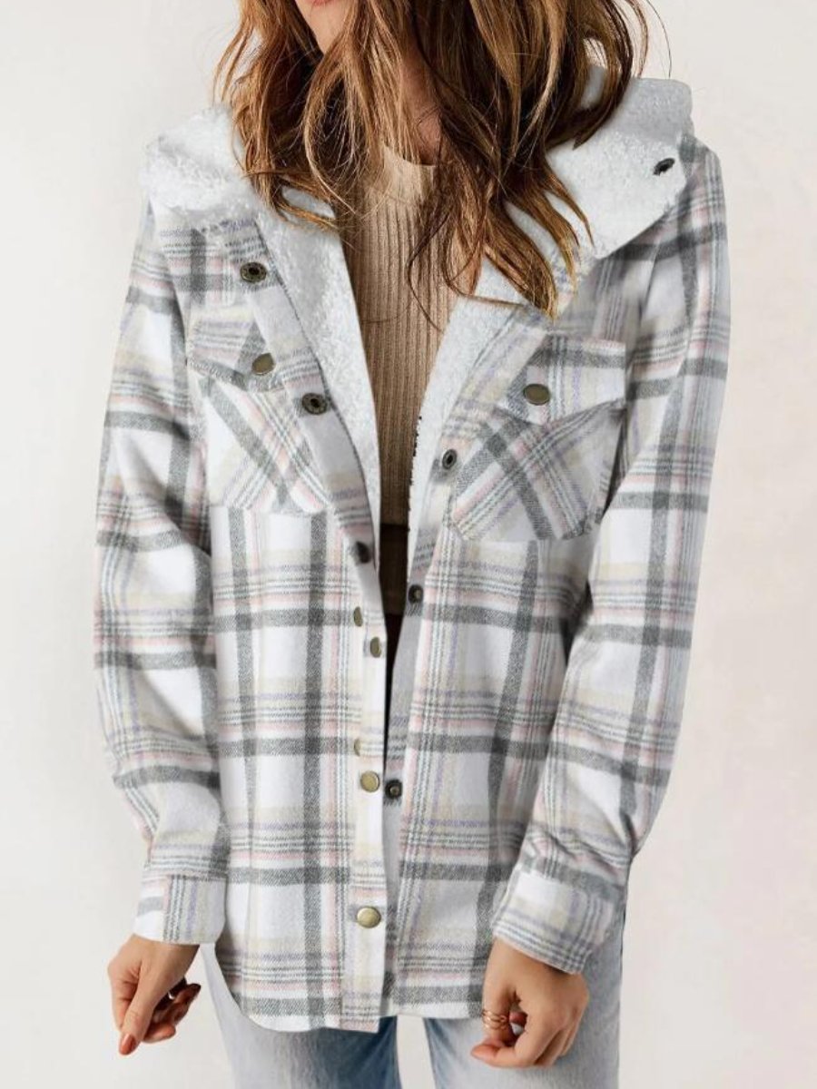 Women's Button Front Hooded Plaid Jacket