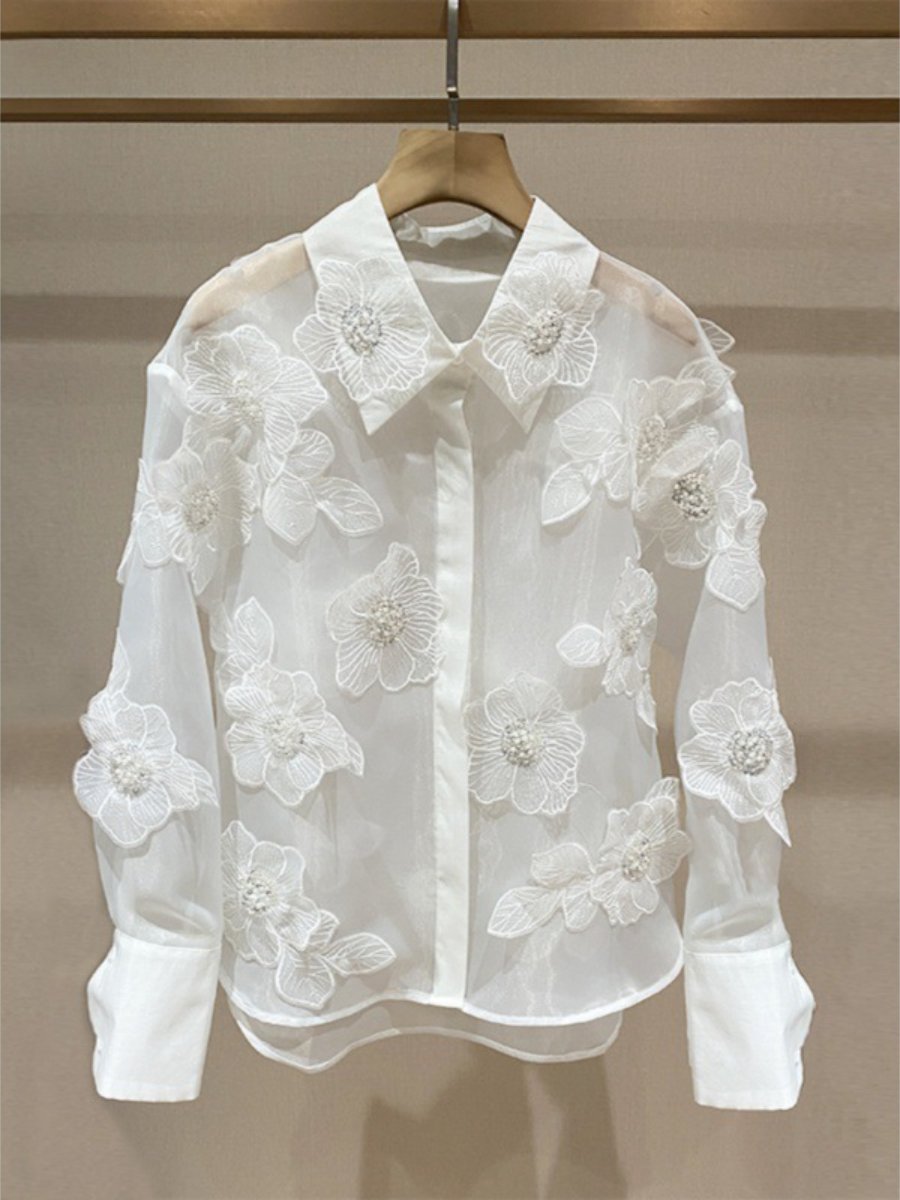 Beaded 3D Flower See-through Shirt